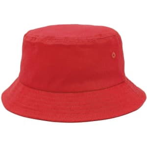 A red bucket hat with a wide brim and a subtle logo detail. Suitable for casual wear.