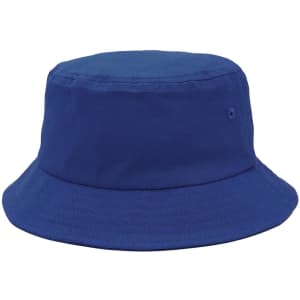 A blue bucket hat with a wide brim, featuring a small hole and a simple design.