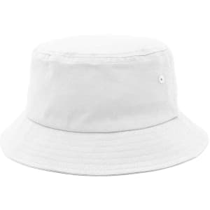 A white bucket hat with a wide brim, featuring a small branding logo on the side.