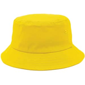 A yellow bucket hat featuring a branded logo, designed for casual headwear.