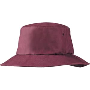 A burgundy Poly Viscose Bucket Hat with a wide brim and a logo on the side.
