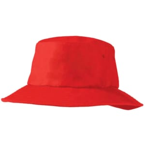 A red Poly Viscose bucket hat with a wide brim and a logo. Suitable for headwear.