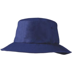 A blue Poly Viscose bucket hat with a wide brim and a logo. Suitable for casual headwear.