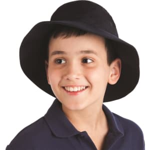 A black Poly Viscose bucket hat worn by a smiling boy, featuring a logo on the side.