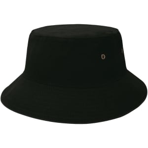 A black brim bucket hat featuring a gold eyelet detail and a structured design. Includes a logo.