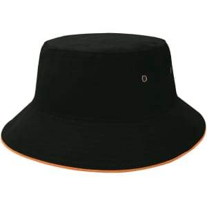 A black bucket hat with an orange trim, featuring eyelets and a logo.