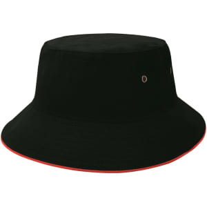 A black bucket hat with a red trim and metal eyelets, featuring a logo on the side.