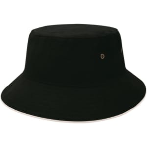 A black bucket hat with a wide brim and eyelet details, featuring a contrasting inner band.