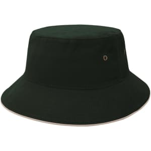 A dark green bucket hat with a contrasting trim and decorative eyelets. It features a round, wide brim design.