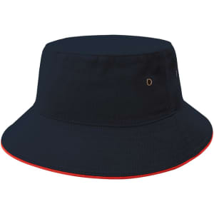 A navy bucket hat with a red trim and a logo. It features ventilation eyelets on the sides.
