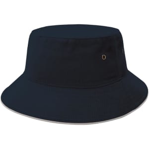 A black bucket hat featuring a wide brim and eyelets, suitable for outdoor wear. It has a branding logo included.