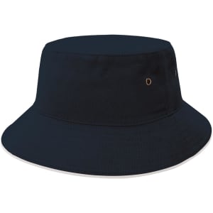 A navy blue bucket hat featuring a wide brim and a small branding logo.