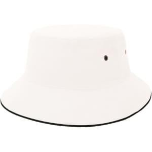 A white bucket hat with a wide brim and a contrasting black edge, featuring small ventilation holes.