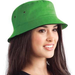 A green bucket hat with a wide brim, featuring ventilation eyelets and a branded logo.