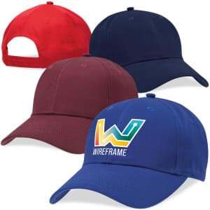 A selection of four caps in red, navy, burgundy, and blue, featuring one cap with a logo.