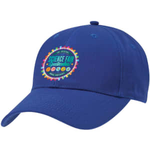 A blue cap featuring a circular logo on the front. It has a curved brim and adjustable strap.