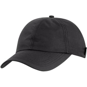A black cap with a curved brim and stitched panels, featuring a logo on the side.