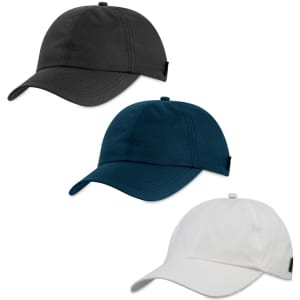A set of three caps in black, teal, and white, featuring a logo on each.