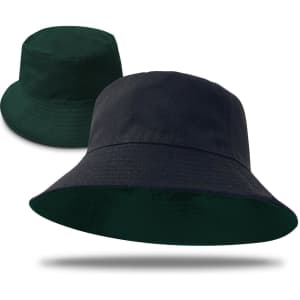 A reversible bucket hat in dark green and navy blue, featuring a simple design and a logo.