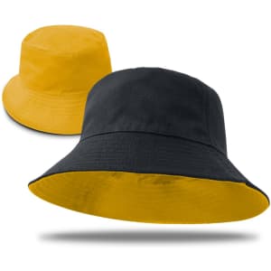 A reversible bucket hat displaying yellow on one side and black on the other, featuring a logo.