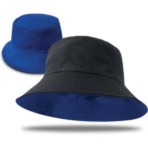 A reversible bucket hat featuring black and blue colours with a simple design and logo.
