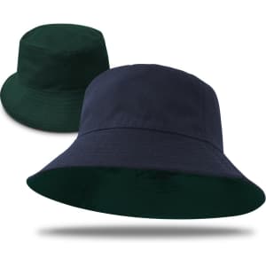 A reversible bucket hat featuring a dark green side and a navy blue side, with a simple design and a logo.