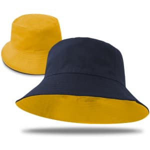 A reversible bucket hat featuring navy and yellow colours, with a logo on the side.