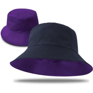 A reversible bucket hat in purple and black, featuring a simple design and a logo.