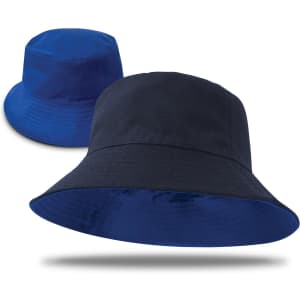 A reversible bucket hat in navy and bright blue, featuring a logo on one side.