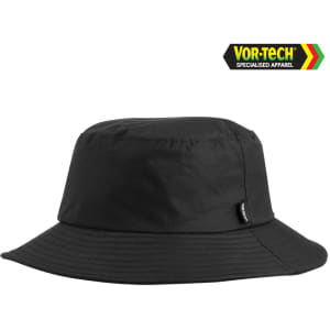 A black Vortech bucket hat with a wide brim and a small logo tag on the side.
