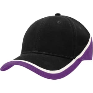 A cap in black with a purple peak and trim, featuring a stitched design and a logo.