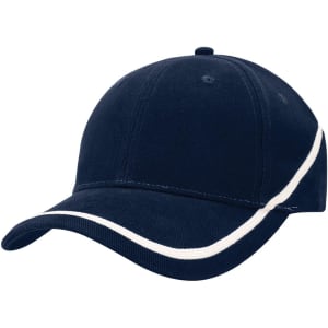 A navy cap with a white trim and a curved brim, featuring a logo on the front.