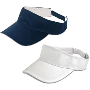 A navy blue and white visor with an adjustable strap, featuring a logo on the front.