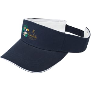 A dark navy visor headwear featuring a logo and decorative design on the front.
