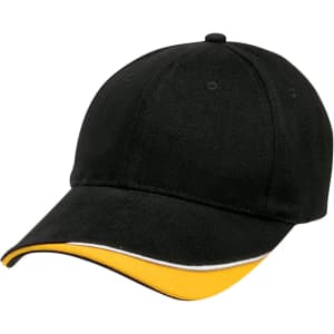 A black cap with a yellow accent on the brim and an embroidered logo on the front.