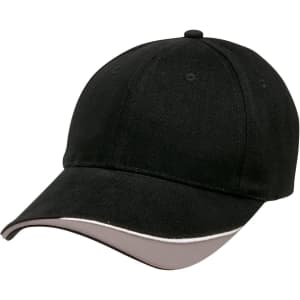 A black cap with a curved brim and a contrasting trim. It has a logo on the front.