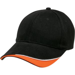 A black cap with an orange and white brim, featuring a logo on the front.