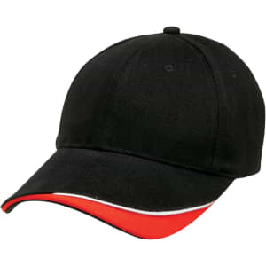 A black cap with a red and white accent on the visor, featuring a logo on the front.