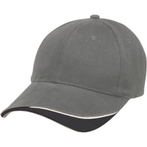 A grey cap with a black visor and a logo on the front. Ideal for casual wear and activities.