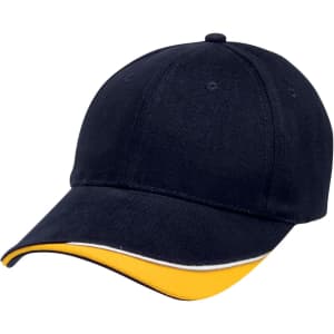 A navy cap with a yellow peak and trim, featuring a logo on the front.