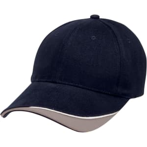 A navy blue cap with a tan underside and a logo on the front. The design features a classic baseball cap shape.