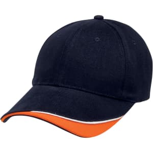 A navy cap with an orange and white accent along the brim. It features a branding logo.