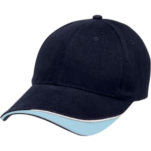 A navy cap with a light blue brim and trim, featuring a logo on the front.