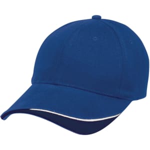 A blue cap with a curved brim and contrasting trim, featuring a logo on the front.
