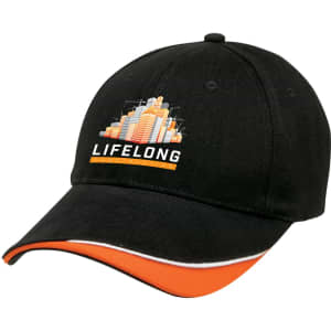 A black cap with an orange brim and a logo featuring a city skyline.