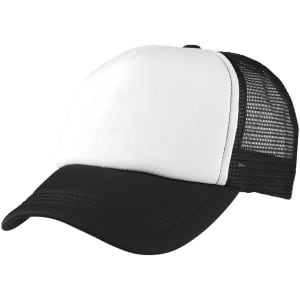 A black and white Foam Mesh Trucker cap featuring a solid front panel and mesh sides, with a logo.