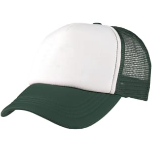 A green and white foam mesh trucker cap with a curved brim and a mesh back, featuring a logo.