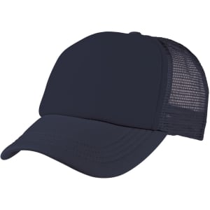 A navy foam mesh trucker cap featuring a solid front and breathable mesh sides, with a logo present.