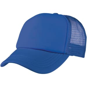 A blue Foam Mesh Trucker cap with a solid front panel and a mesh back. It features a logo.