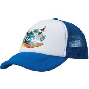 A trucker cap featuring a blue mesh back and white front with a tropical design and logo.
